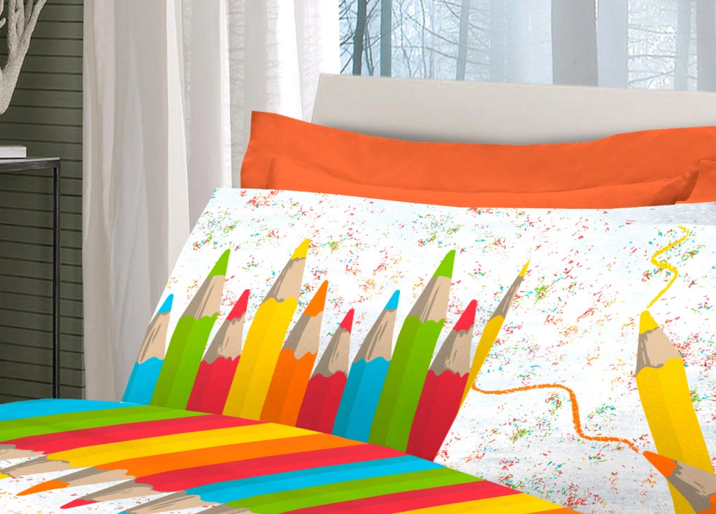 Completo Lenzuola Linea Pensieri Delicati 100% Cotone Disegno Matitoni - Piazza E Mezza - Multicolor