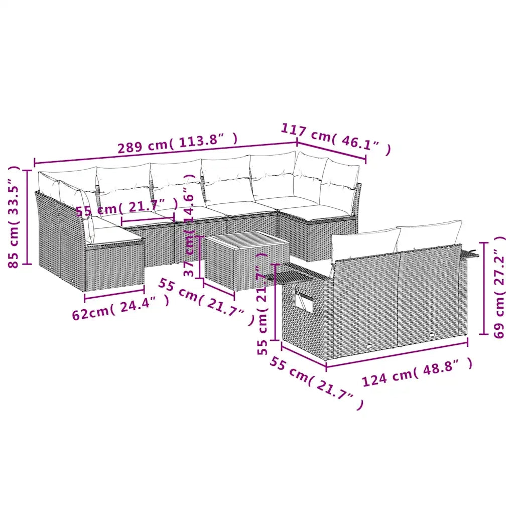 Set Divano da Giardino 10 pz con Cuscini Grigio in Polyrattan 3257047