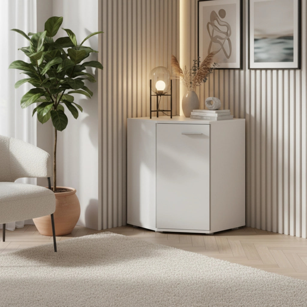 Commode FAUSKE - Capiente - Angolare - Bianco - Larghezza 138 cm, Altezza 74 cm, Profondit? 34 cm