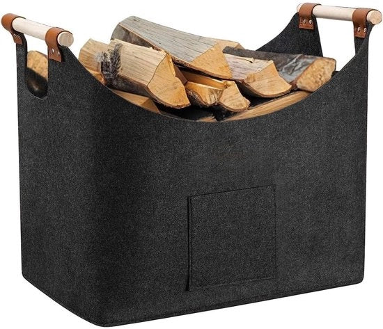 Brandhoutmand con maniglia in legno - Opvouabile - Tas in Vilten - colore grigio scuro - 45 x 32 x 40 cm - Capacità extra grande - Haardhoutmand