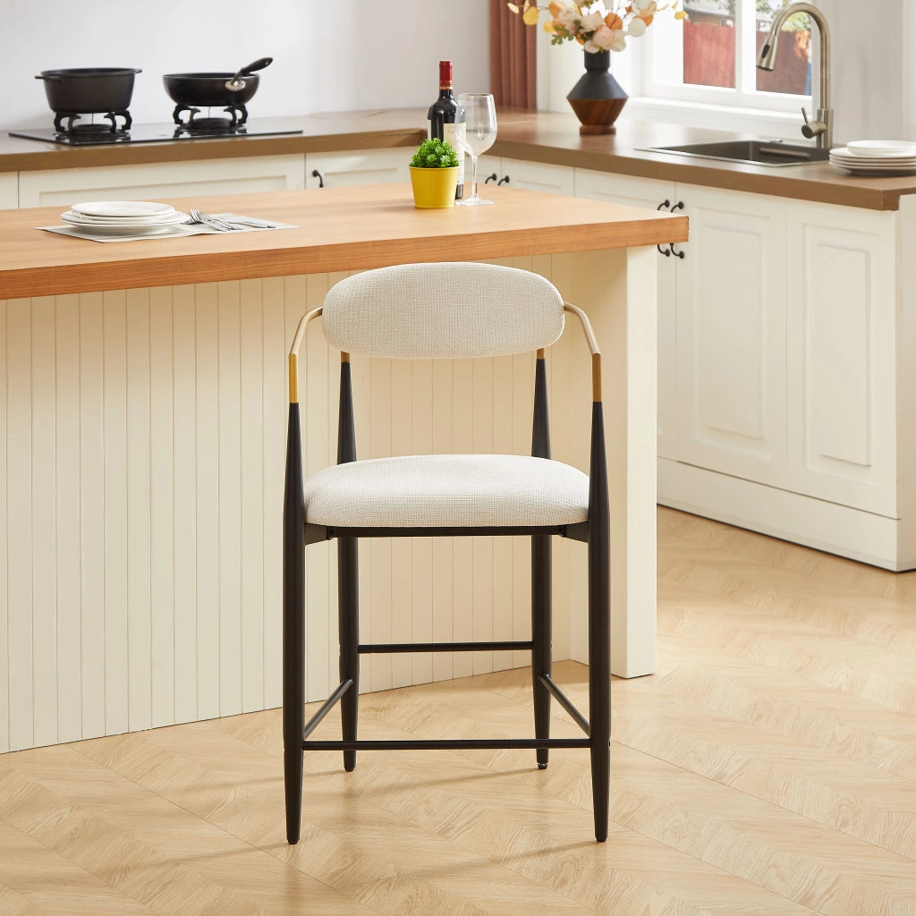 SGABELLO DA BAR Set da 2 pezzi con braccioli, tessuto beige, struttura nero e oro