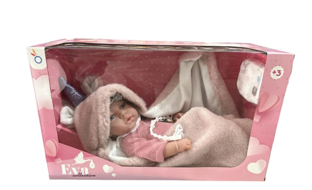 Bambolotto,Eva Collection, con vestito rosa e copertina unicorno,Hungary Toy,eta 3+