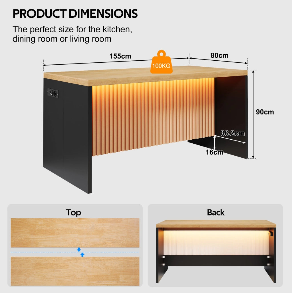 Isola cucina industrial 155x80x90 cm in MDF effetto legno e nero; con LED; prese e USB