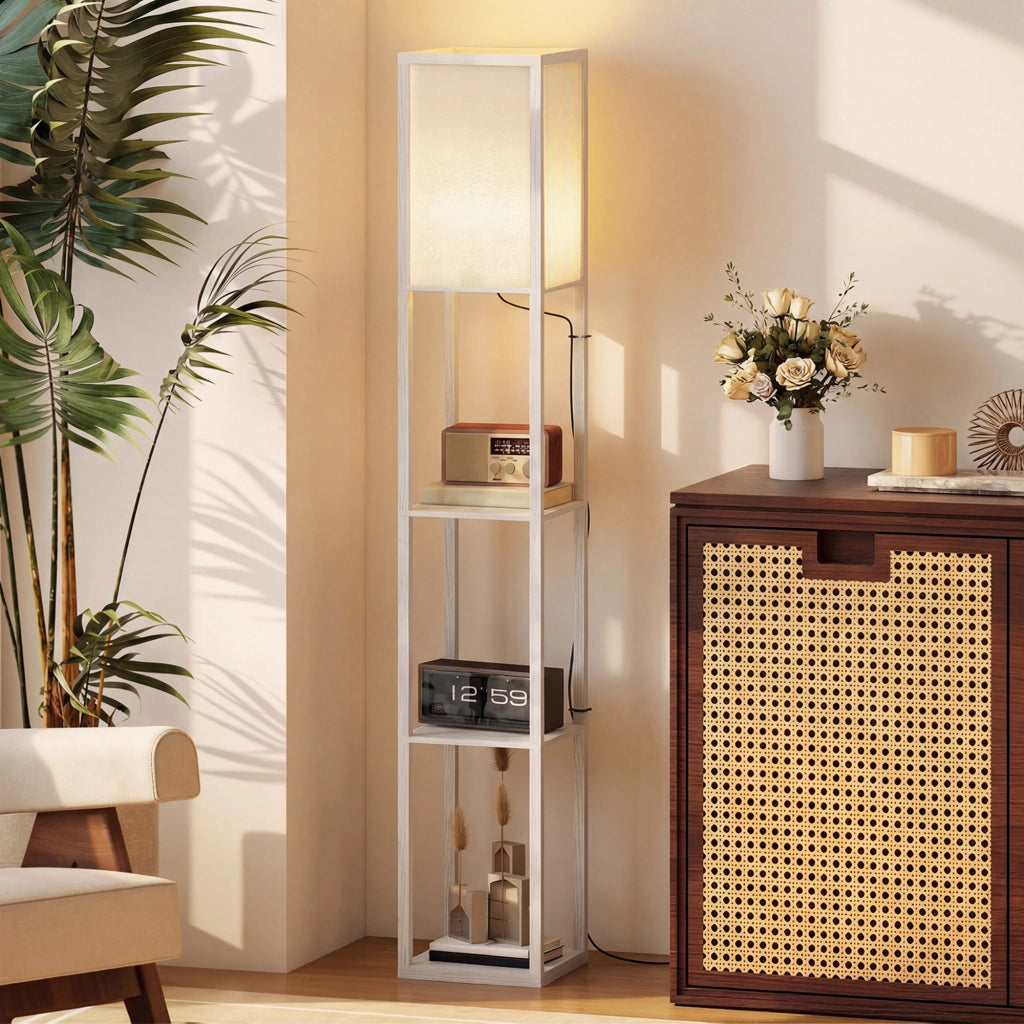 Lampada da Terra con Mensole ¨C Minimal ¨C Bianco MDF 26x26x160cm