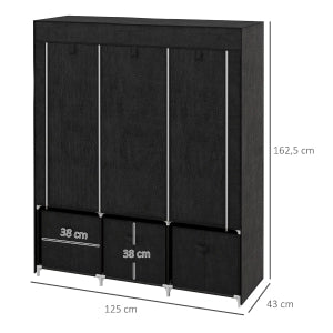 ARMADIO TESSILE con 2 aste, 5 ripiani e 3 cassetti 125x43x162,5 cm Nero