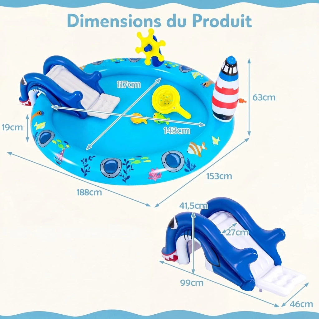 Piscina Gonfiabile Bambini, Parco Giochi Acquatico a Tema Marino con Scivolo, Irrigatore, Timone, 2 Pesci Giocattolo, Retino e 2 Toppe di Riparazione per Bambini 2-6 Anni, 188 X 153 X 63 CM