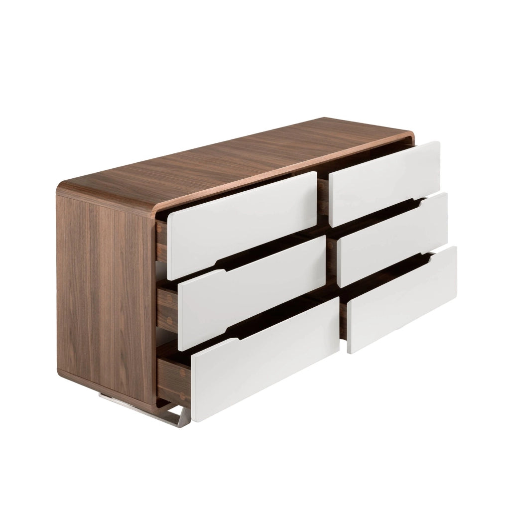 Cassettiera in legno bianco, noce e acciaio cromato