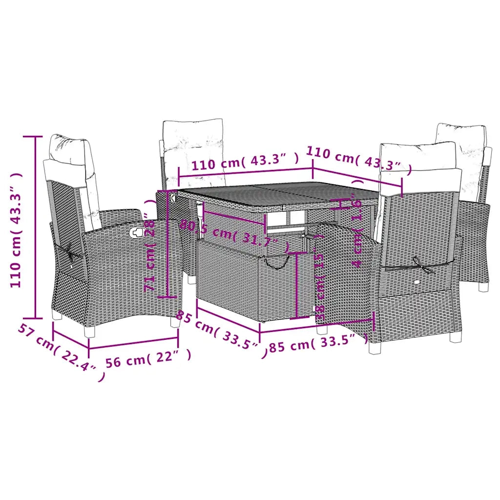 Set da Pranzo da Giardino 5 pz Nero con Cuscini in Polyrattan 3277390