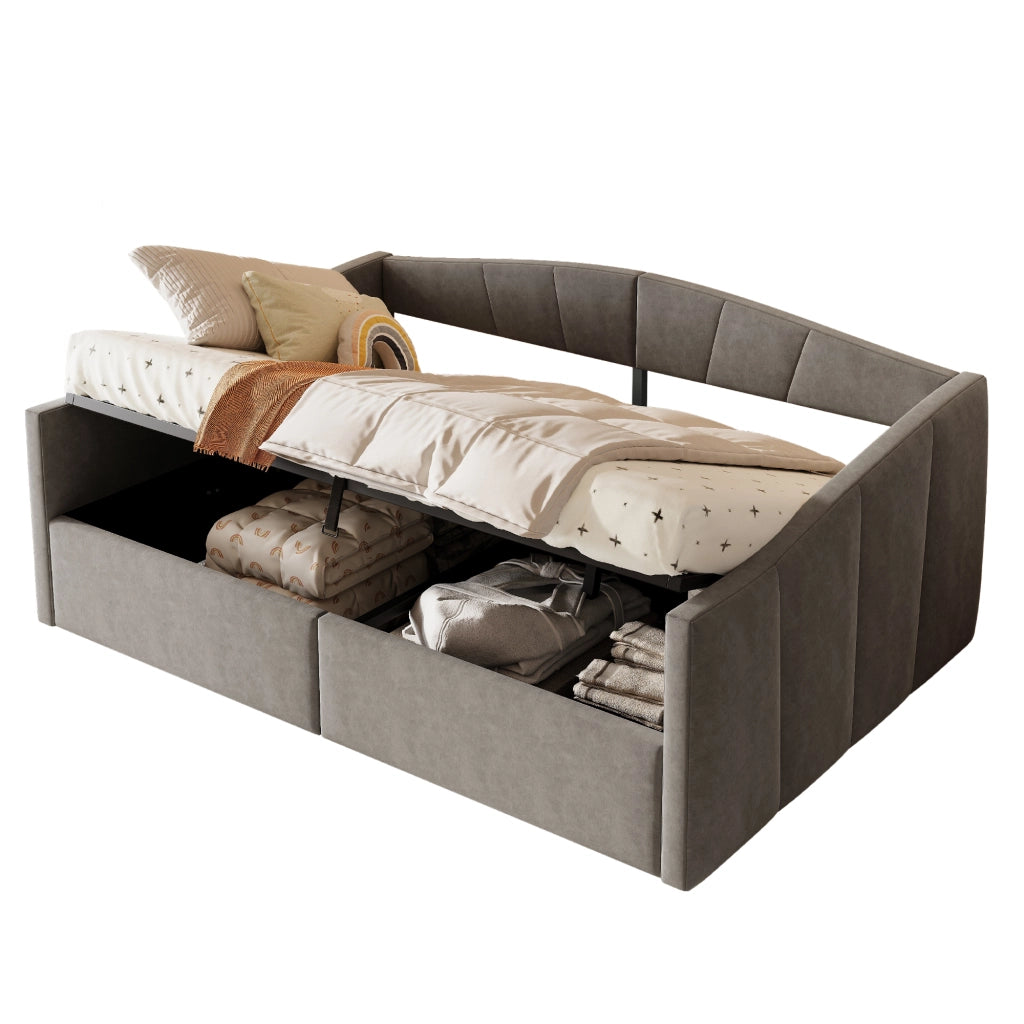 Letto Contenitore 140x200 cm - con Contenitore Idraulico; in Velluto Imbottito Grigio