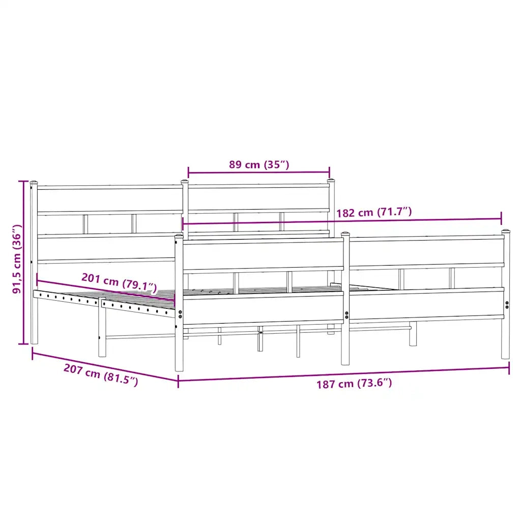 Letto matrimoniale | Letto per adulti | Giroletto senza Materaso in Metallo Rovere Sonoma 180x200 cm