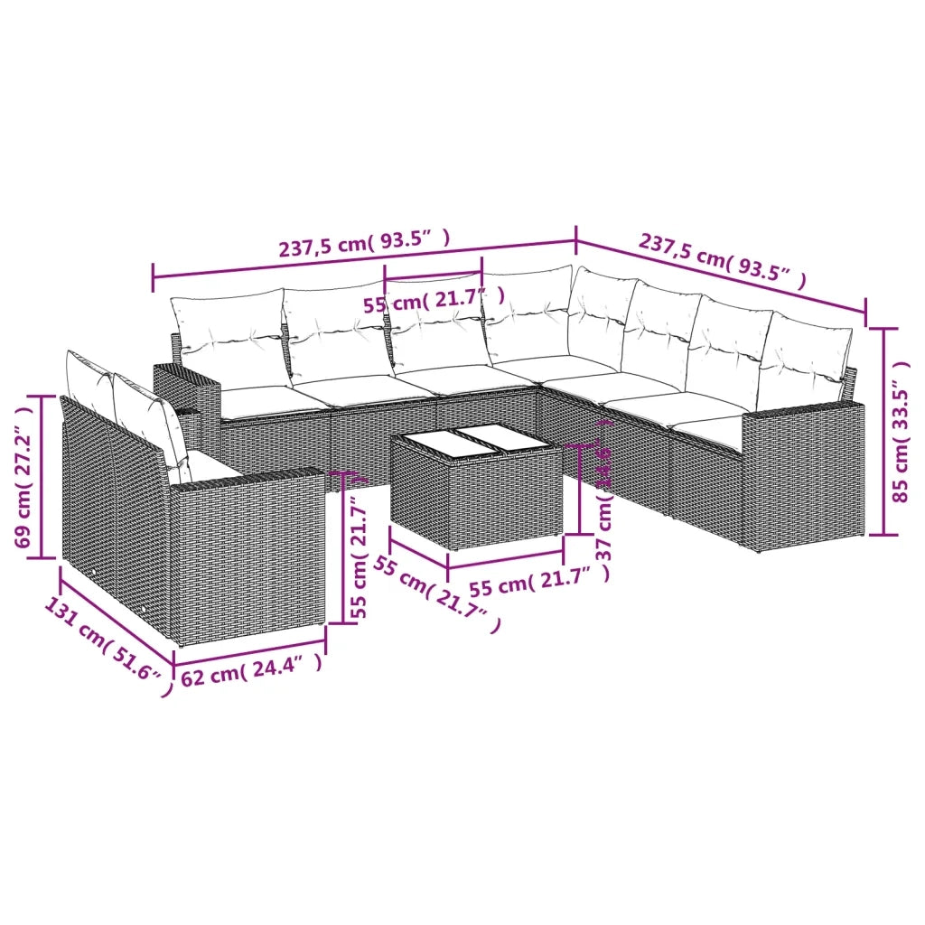 Set Divano Giardino 10 pz con Cuscini Grigio Chiaro Polyrattan 3251499
