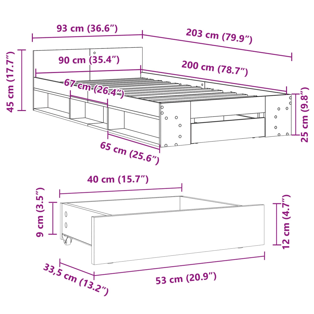 Letto singolo | Letto per adulti | Giroletto con Cassetto Bianco 90x200 cm in Legno Multistrato