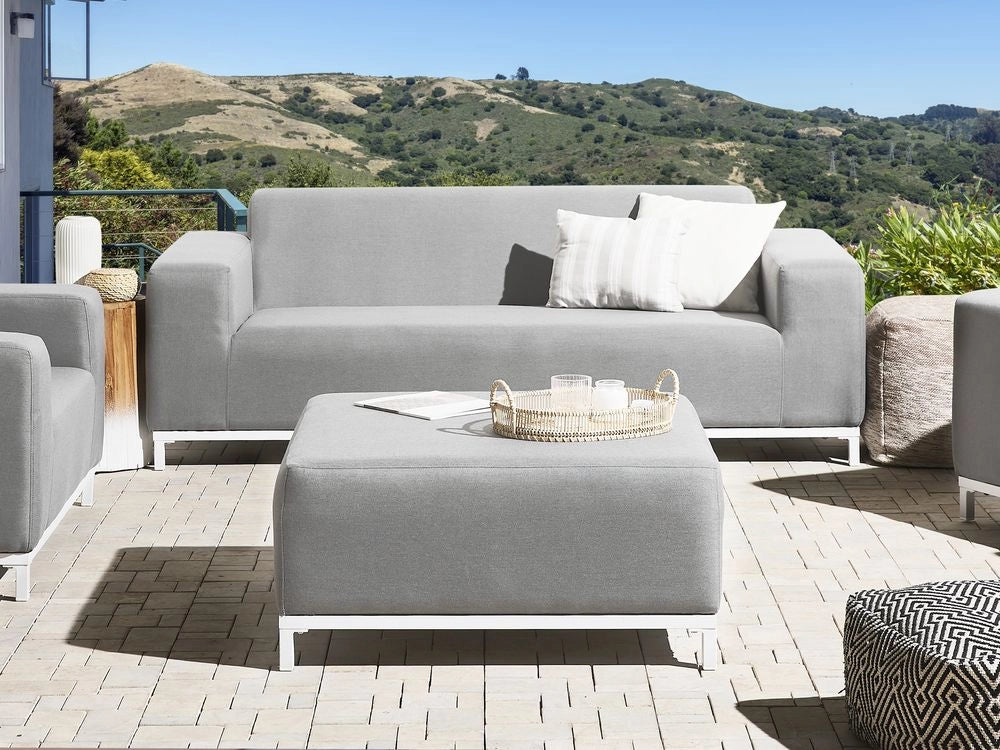 Divano da giardino in tessuto grigio e gambe in alluminio bianco mobili da esterno per interni resistente alle intemperie