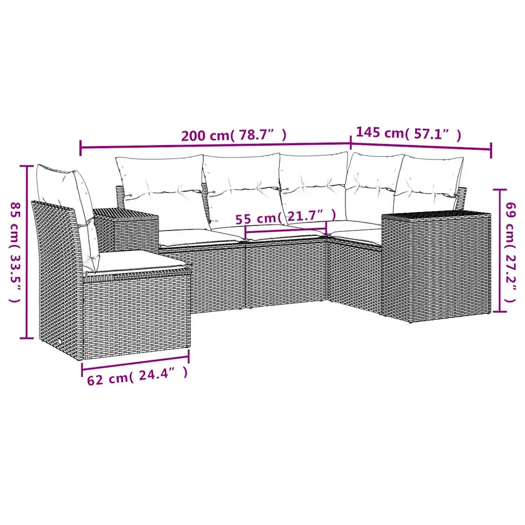 Set Divano da Giardino 5pz con Cuscini Grigio Chiaro Polyrattan 3222571