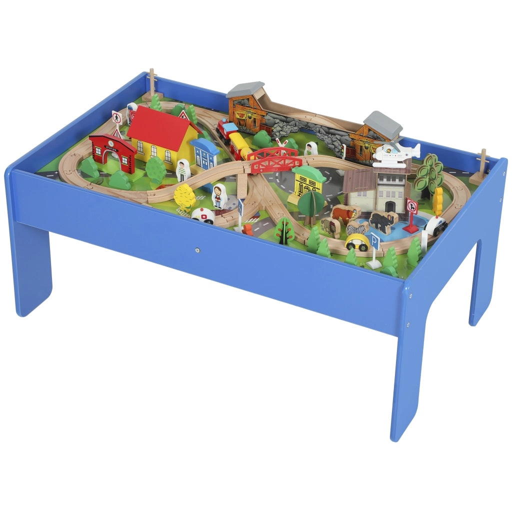Tavolo da gioco con set ferrovia legno 108 pezzi ¨C Xylo ¨C Piano removibile 98x60,5x40 cm blu