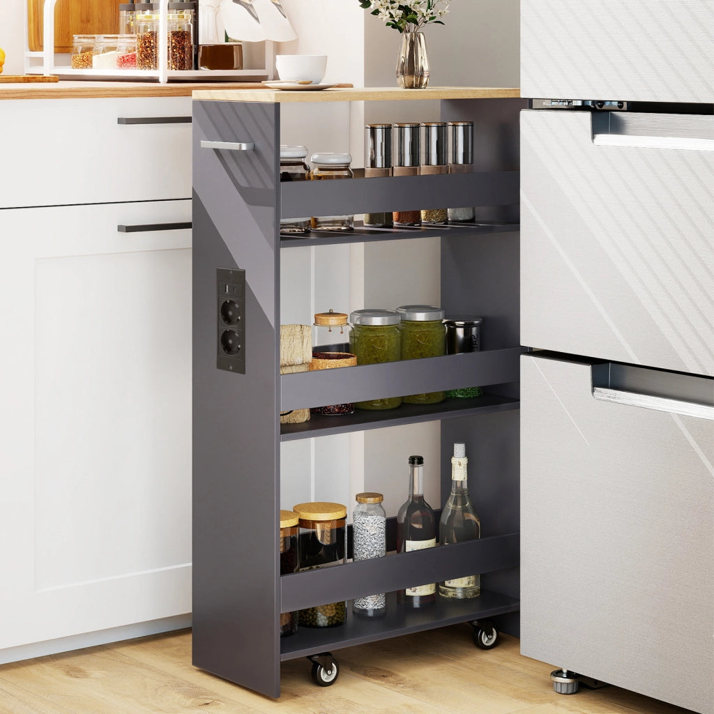 Carrello da cucina 4 ripiani con stazione di ricarica maniglia e parapetti-Scaffale stretto a sfilo con ruote bloccabili per cucina  Grigio  20cm