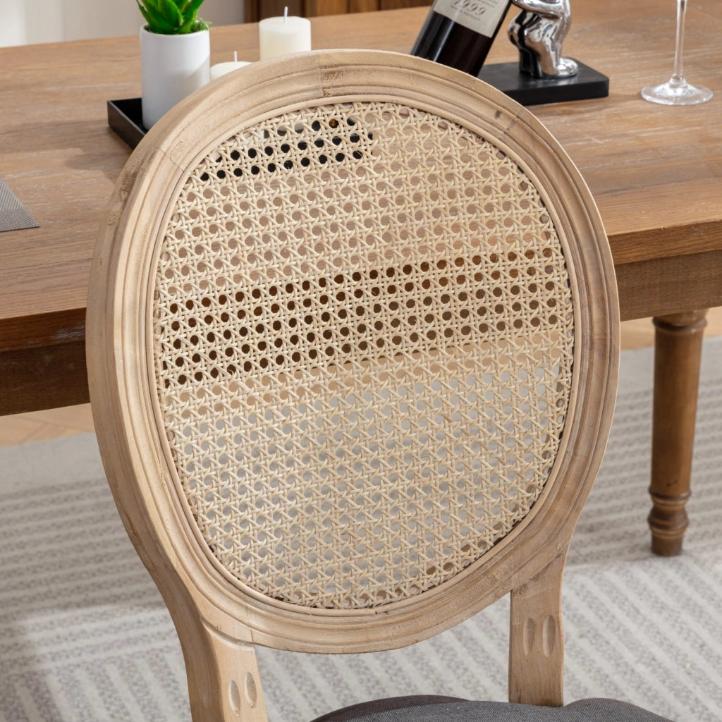Sedie da Pranzo in Legno Massello con Schienale in Rattan ¨C Xylo ¨C Set 2 Pezzi, Tessuto Lino, Grigio