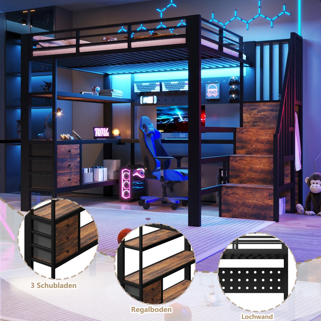 LETTO a soppalco 140x200 cm in metallo e MDF nero con scrivania