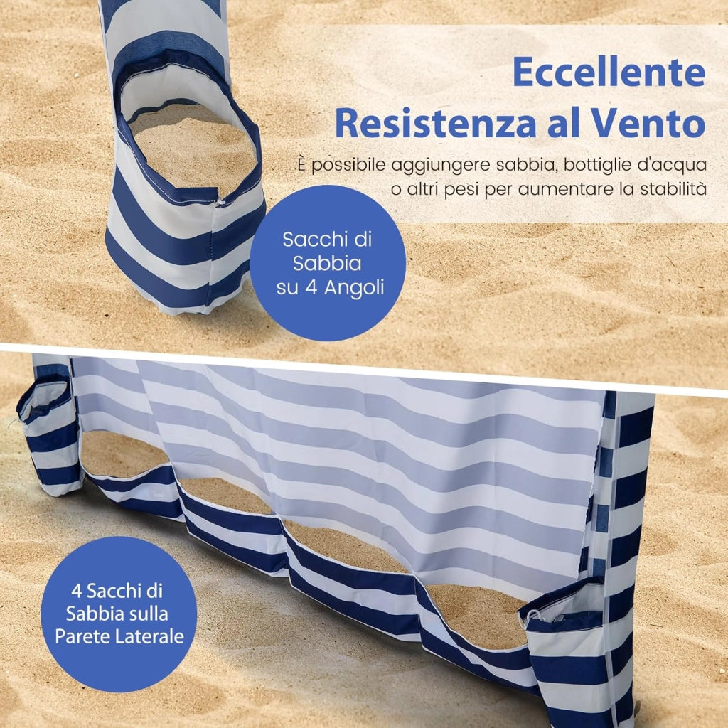 Tenda da Spiaggia Pieghevole 183 x 183 cm, Tenda da Mare con Borsa di Trasporto, Parete Removibile e 8 Tasche per Sabbia, per Spiaggia, Campeggio e Picnic (Blu e Bianco, 183 x 183 cm)