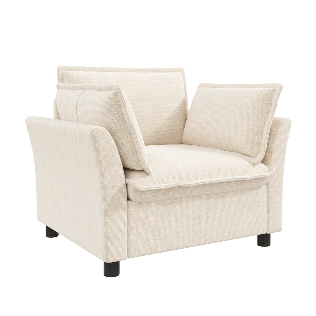 Divano modulare 3 posti con 2 poltrone e cuscini; in chenille beige