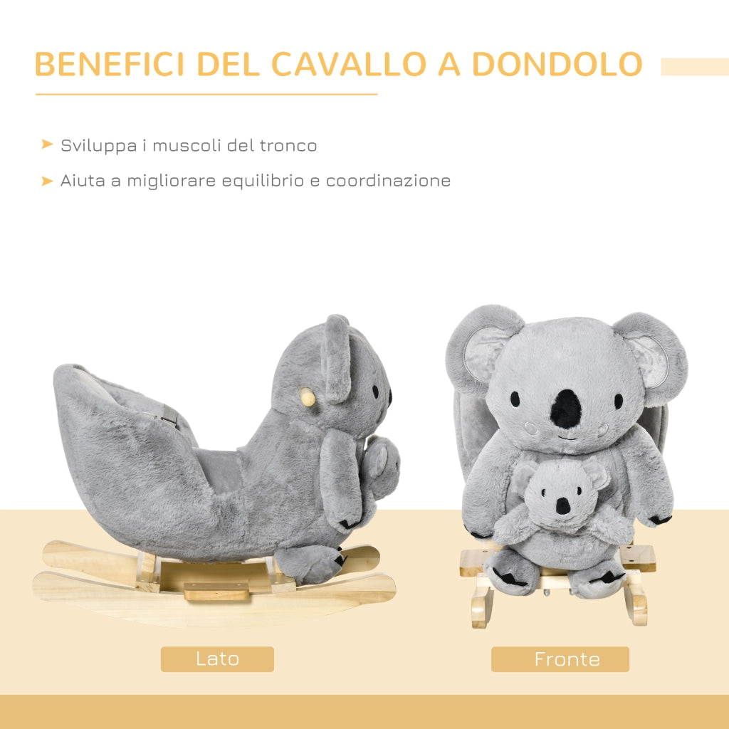 EasyComfort Cavallo a Dondolo Koala in Peluche Imbottita con Suoni, Cintura di sicurezza e Base in Legno, 60x33x50cm, Grigio