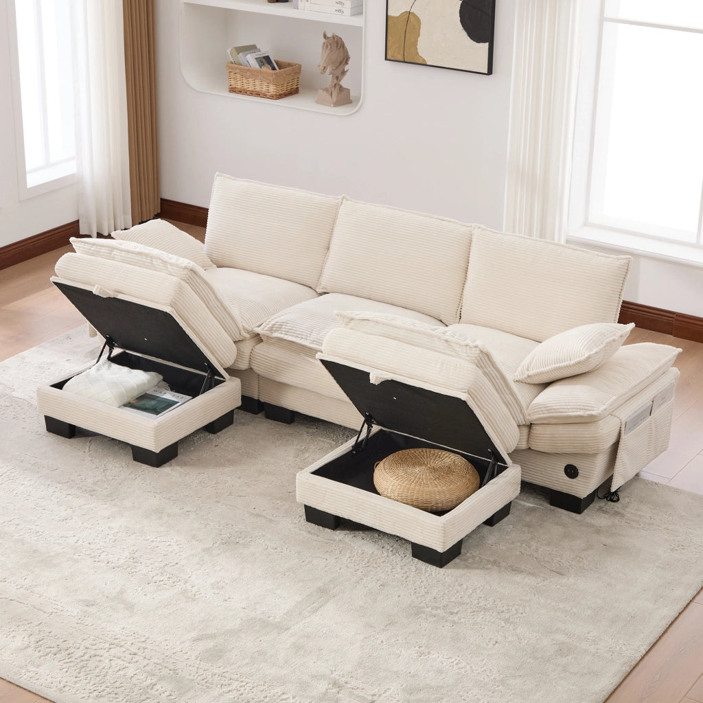 DIVANO Modulare 3 posti 260x132x84 cm in Corduroy Beige con 2 Pouf