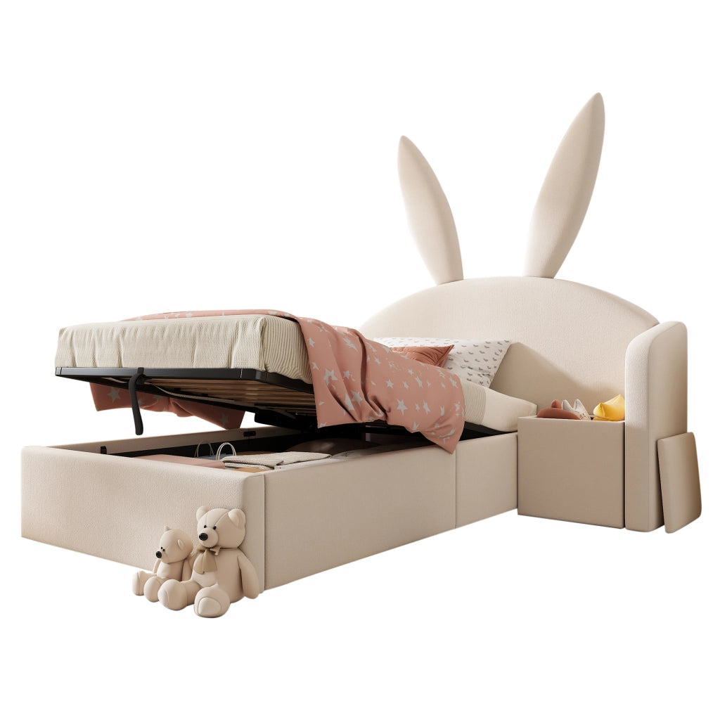 Letto Imbottito Singolo con Contenitore Idraulico e Comodino ¨C MINIMAL ¨C Velluto Beige 90x200