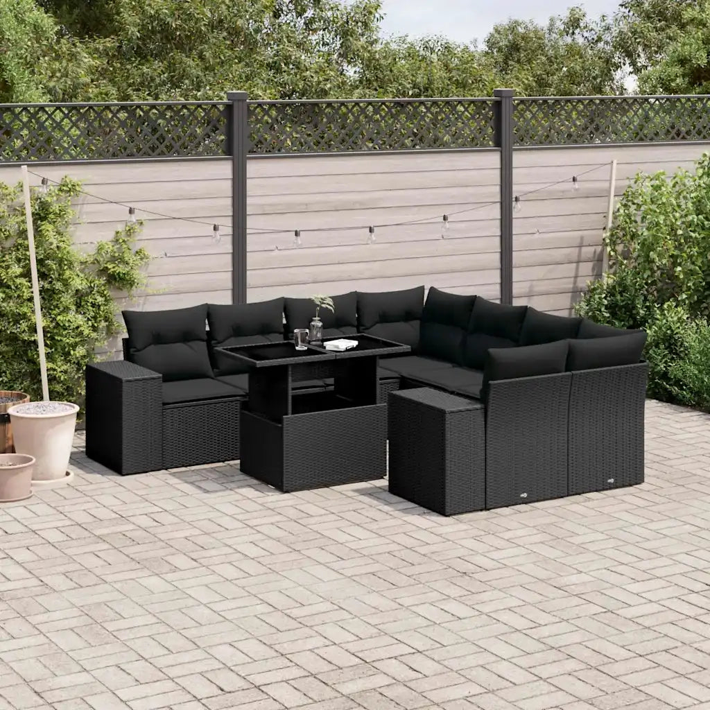 Set Divani da Giardino 9 pz con Cuscini Nero in Polyrattan 3269055