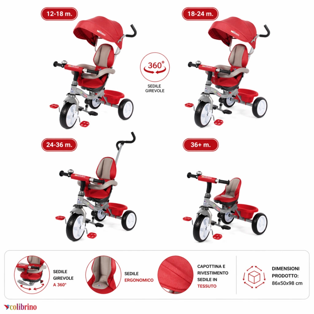 Triciclo Pieghevole per Bambini 1-4 Anni con Manubrio per Genitori - Bicicletta Evolutiva fino a 20kg - Monopattino Bamb