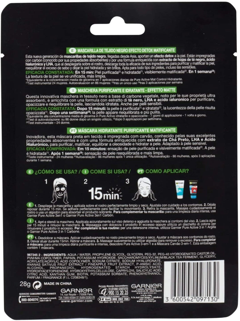 GARNIER MASCHERA PURIFICA E IDRATA 28 GR CARBONE VEGETALE PELLI NORMALI