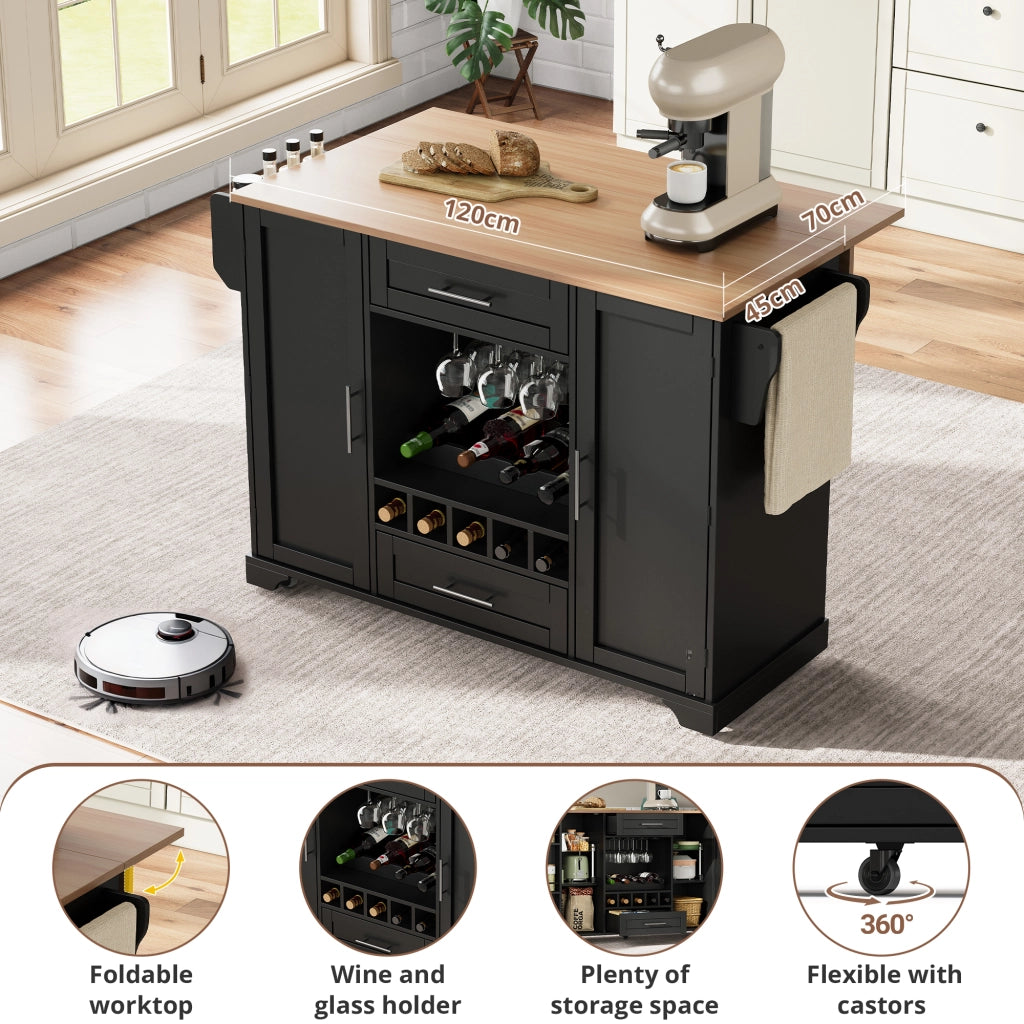 Carrello da cucina multifunzionale - Zephmum- 120x45/70x92cm- Nero- Con ripiano pieghevole, porta bicchieri, porta spezie e porta asciugamani