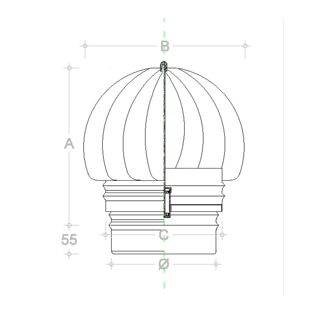 Fumaiolo da 120mm tipo radiante eolico inox aisi 304 base tonda innesto m maschio