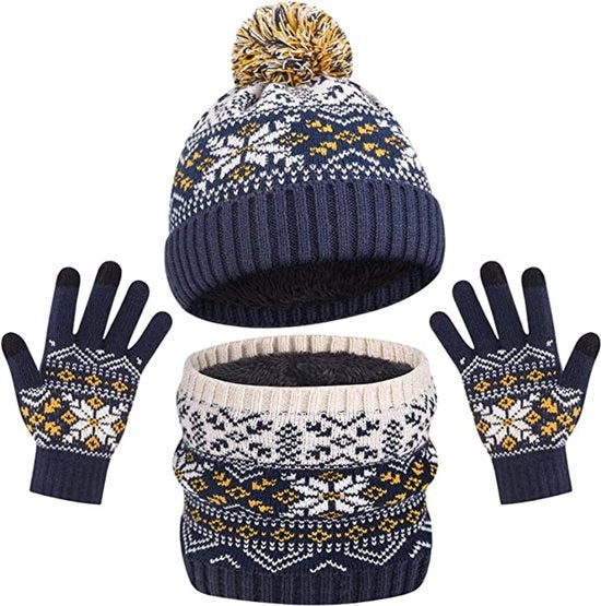 Set di capelli, sciarpa e guanti per bambini, con pompon, per bambine e bambini, colore blu marino
