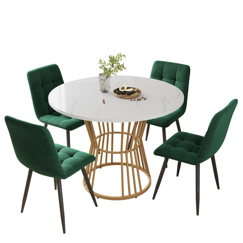 Set Tavolo da Pranzo Rotondo con 4 Sedie ¨C Xylo ¨C Piano Bianco MDF, Gambe Metallo Oro, Velluto Verde, ?100 cm