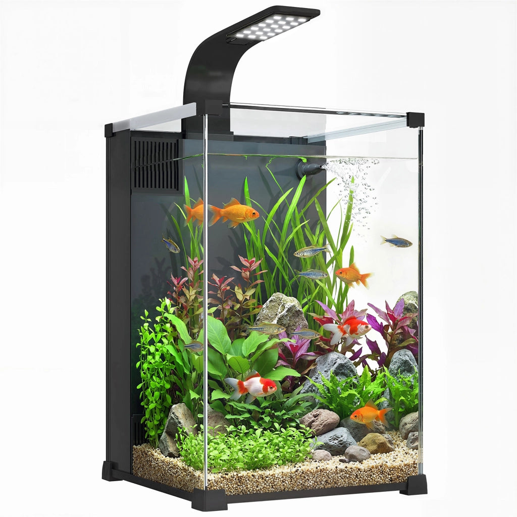 Acquario in Vetro Temperato con Filtro Integrato Pompa 5W e Illuminazione LED ¨C Minimal ¨C 30x30x45cm Nero
