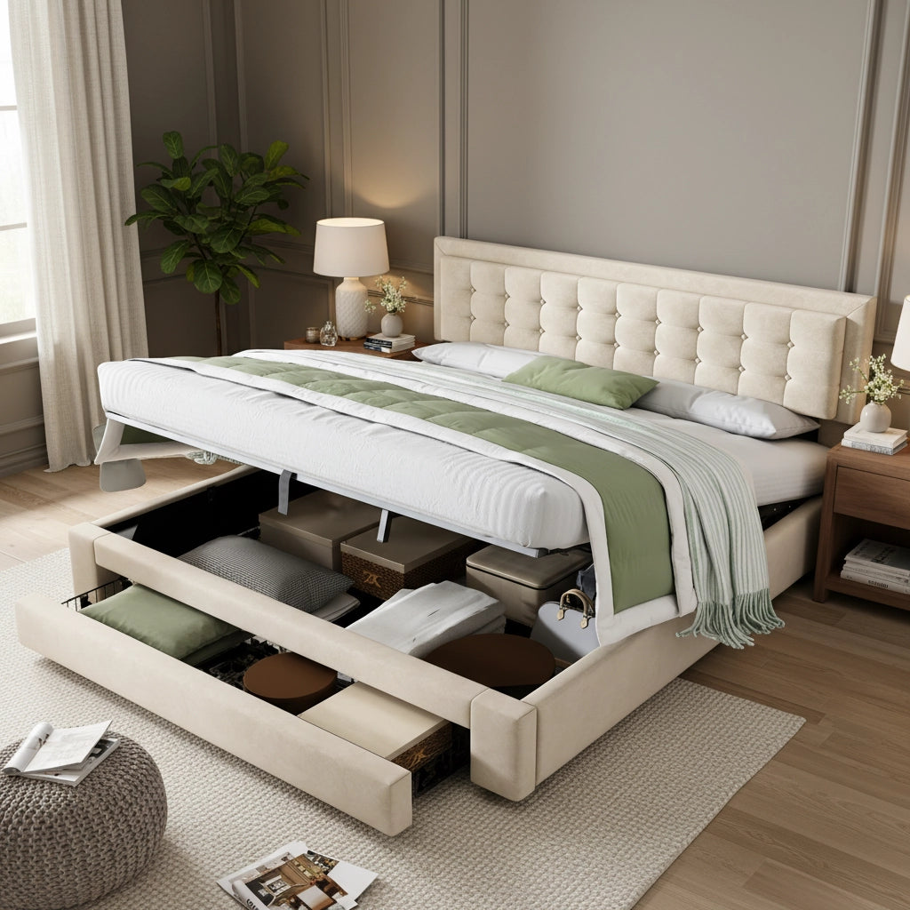 Letto contenitore – 160x200 cm – cassetti rete – velluto beige