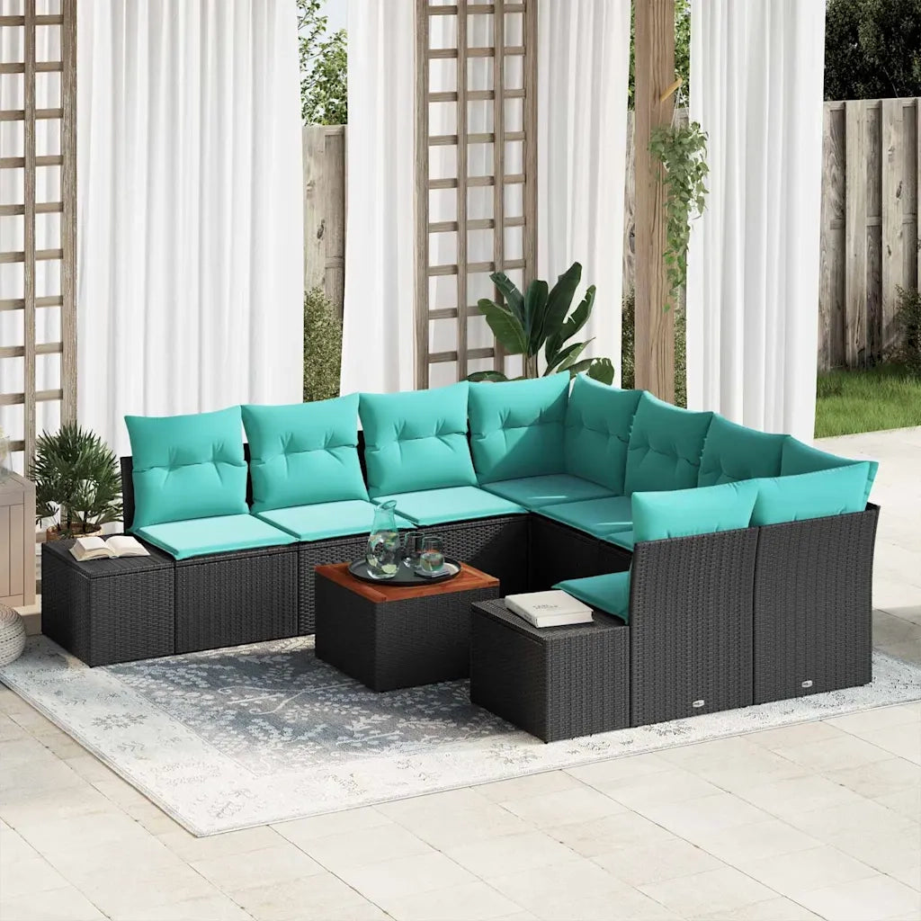 Set Divano da Giardino 9 pz Nero e Turchese polyrattan 3356611
