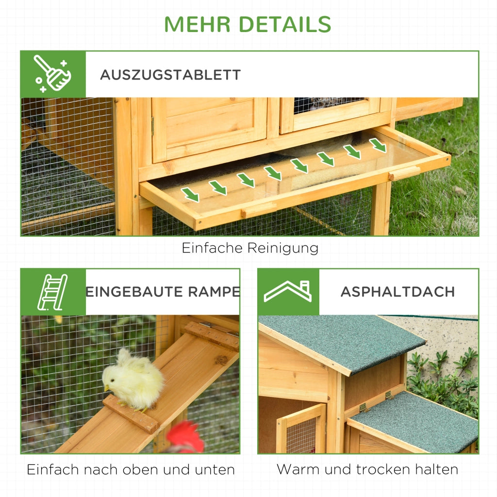 Polleria per galline nane con recinto esterno e nido da cova ¨C Zephmum ¨C Legno di abete trattato, tetto in catrame, giallo+verde