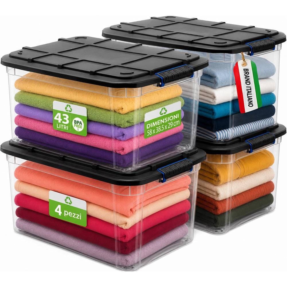 Set 4 Pezzi Contenitori con Coperchio Storage Box Solid Cargo 43L 58x38.5x29 cm