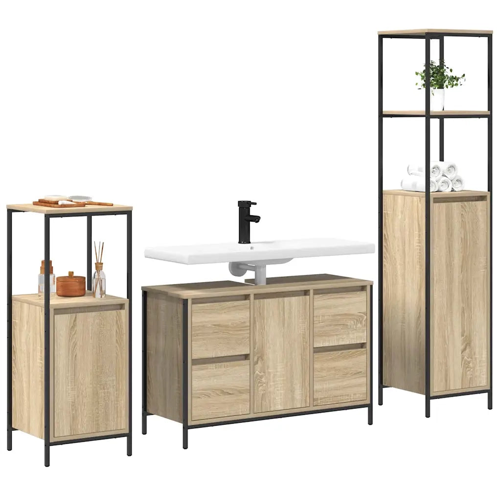 Set di mobili per il Bagno | Armadio da bagno con porta 3 pz Rovere Sonoma e Nero