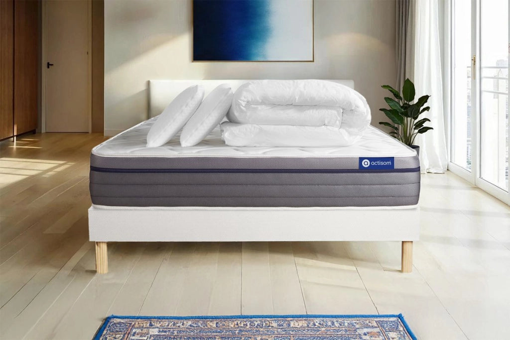Pacchetto letto completo - Materasso 160x200cm + Box spring con doghe (kit) + 2 cuscini + Piumino - Actilatex Zen