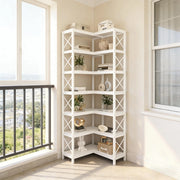 LIBRERIA ANGOLARE 117x29x30 cm Bianca in metallo e legno 7 ripiani