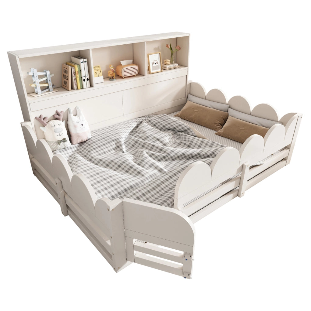 Letto a pavimento per bambini 140x200 cm con barriera, porta e scaffale