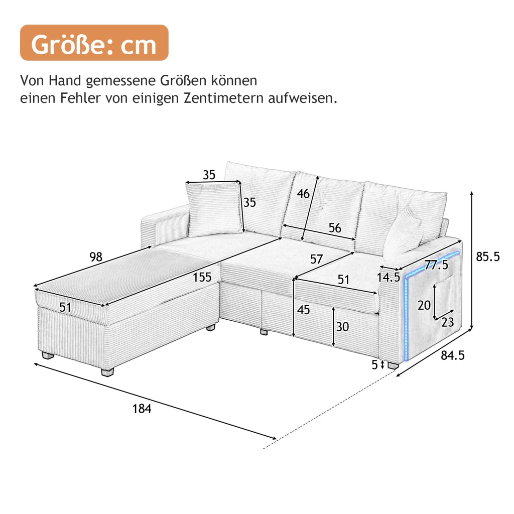 Divano Angolare Modulare 3 Posti con Ottoman e LED ¨C MINIMAL ¨C Tessuto, L-Form