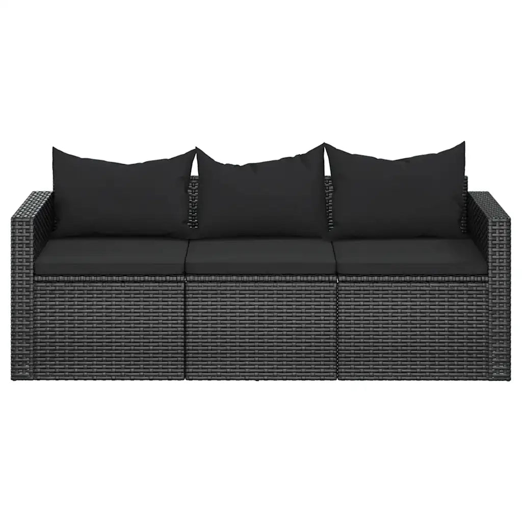 vidaXL Divano da Giardino a 3 Posti con Cuscini Nero in Polyrattan