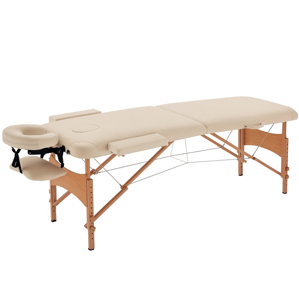 Lettino da massaggio pieghevole ¨C Xylo ¨C regolabile in altezza, ecopelle, legno, bianco crema