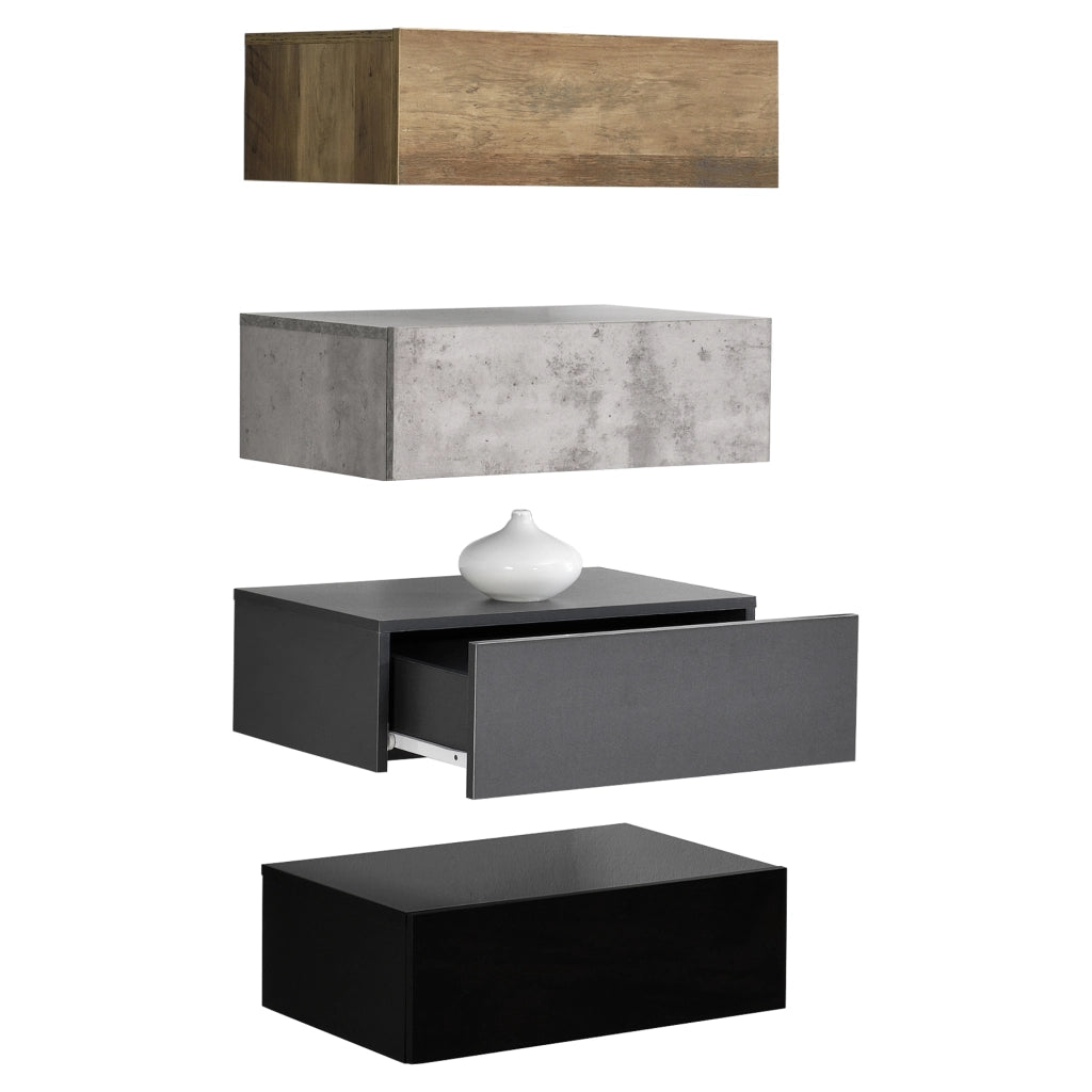Set di 4 Comodini da Parete con Cassetto 46x30x15 cm Effetto Legno / Effetto Cemento / Grigio Scuro / Nero Lucido [en.casa]