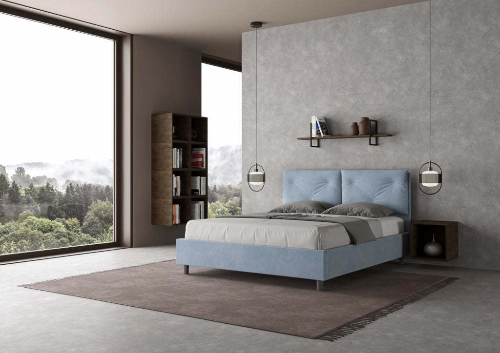 BS COM Letto matrimoniale senza rete imbottito 160x210 microfibra azzurro