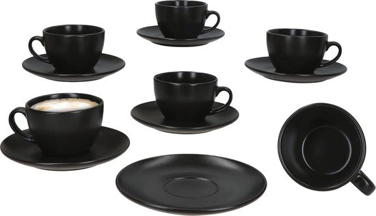 Set di Caffè con Piatti per 6 Persone - Caffè in Ceramica Matte Nero per Colazione e Caffè