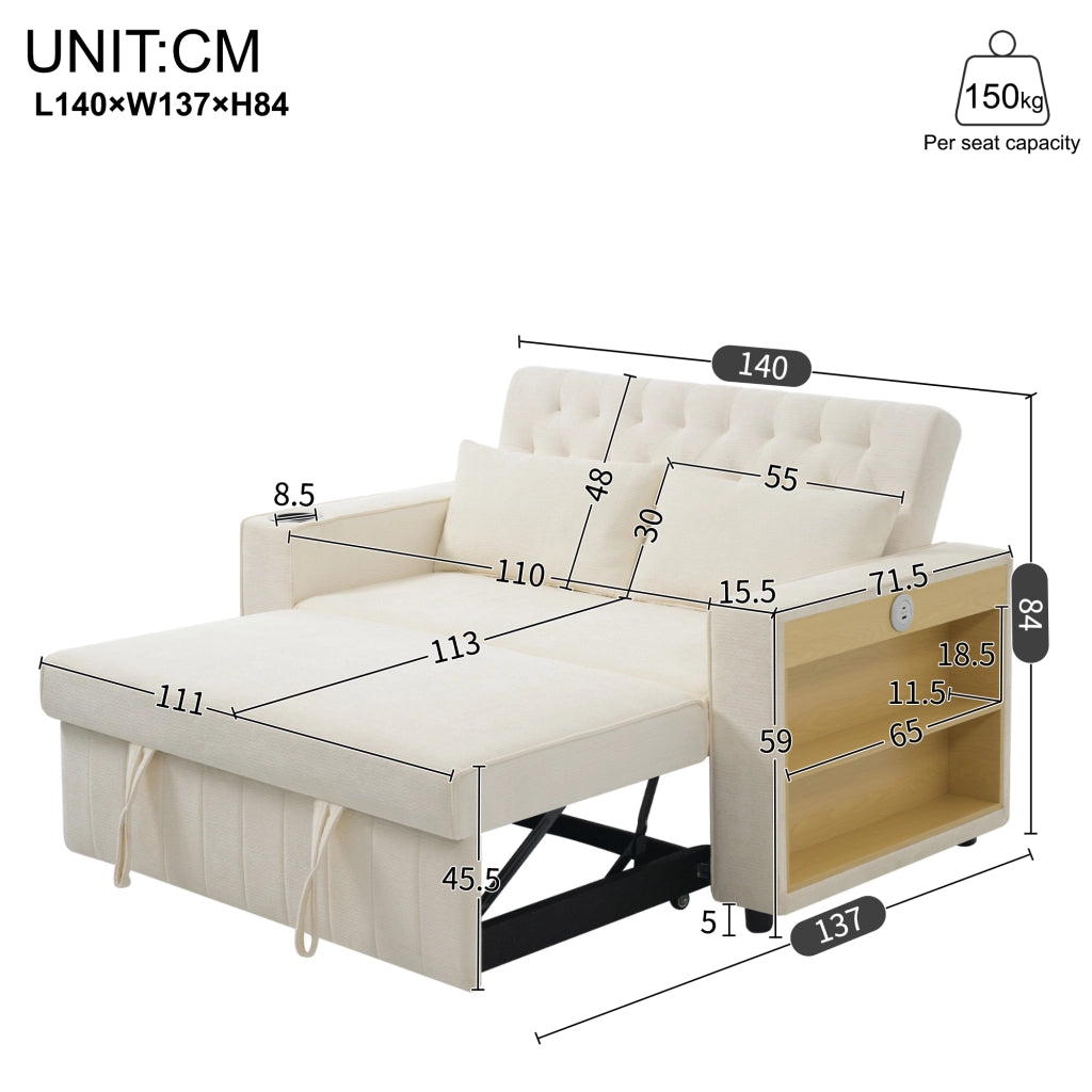 DIVANO LETTO 140x137x84 cm in Chenille Beige, 2 posti, 2 cuscini